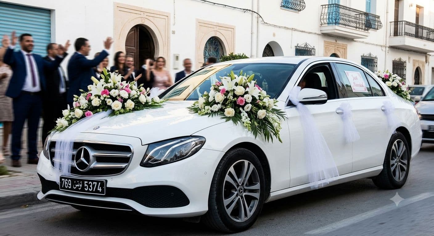 Décoration voiture mariage — bouquet service Wardaty Flowers Tunis